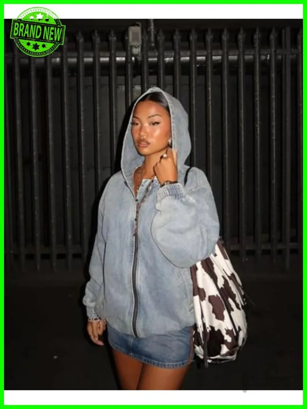 Oversized Vintage Washed Denim Bomber Jacket Hooded Front Zip